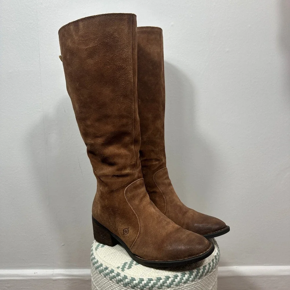 Born Felicia Leather Knee High Boots Brown Distressed Suede Lace Back Women 9.5
